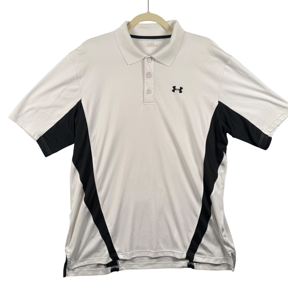 Under Armour Mens L Polo Shirt White Black Colorblock Performance Golf Sport GUC